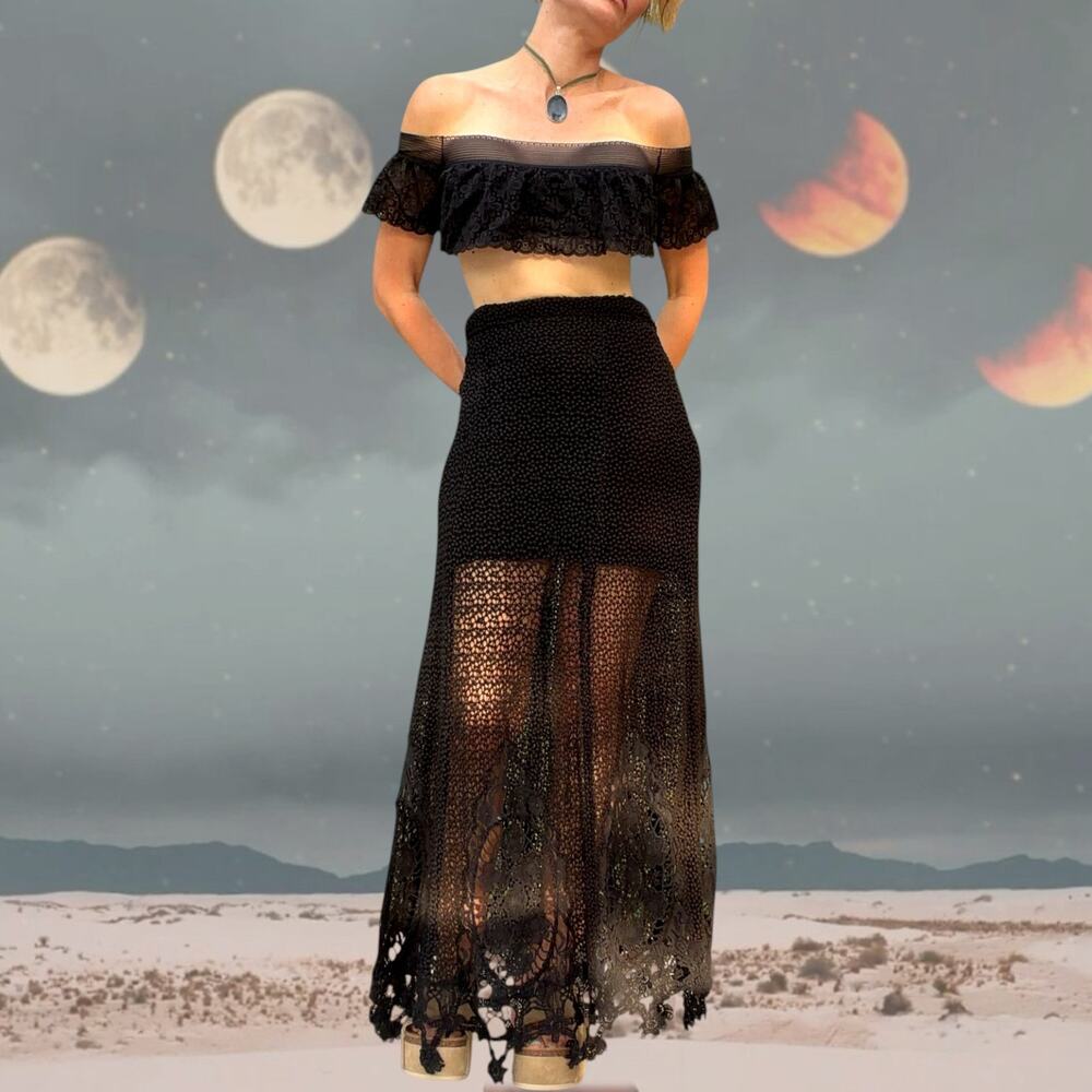 Free People Black Crochet Lace Maxi Skirt Sheer Fairy Grunge Boho - Picture 2 of 5